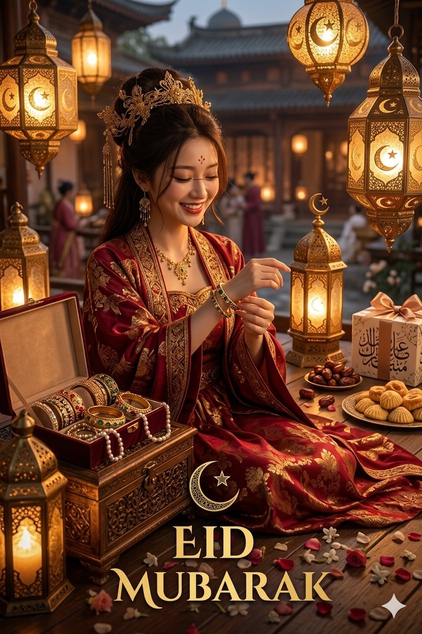 华丽红金丝绸礼服东亚女性开斋节庆典
