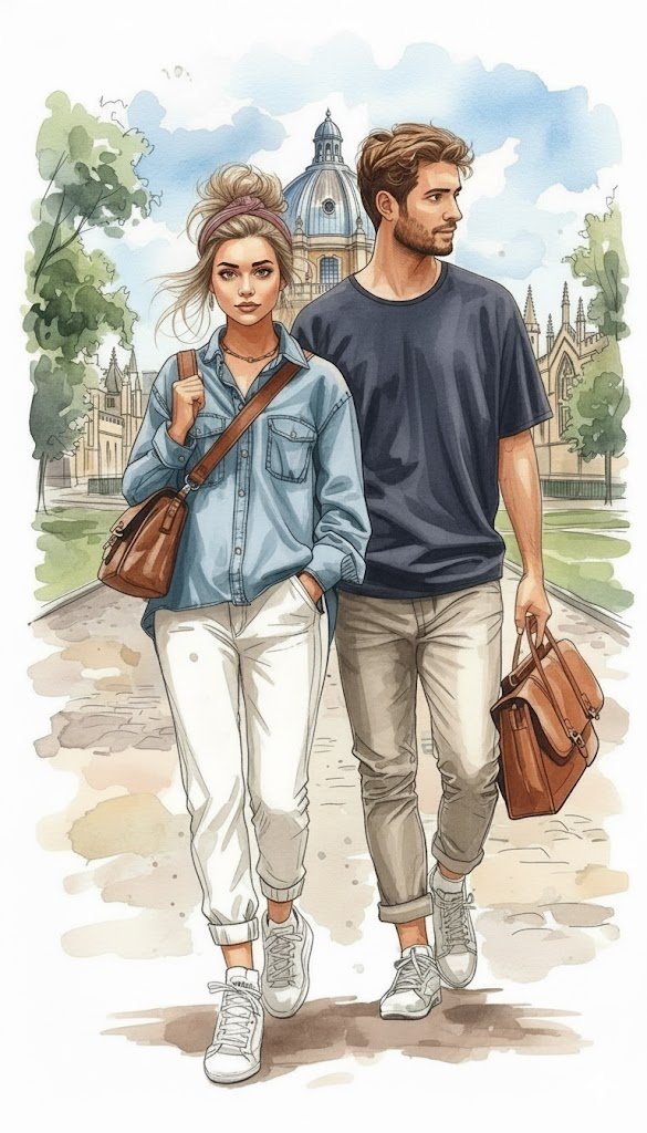 欧式学府前的时尚情侣水彩画