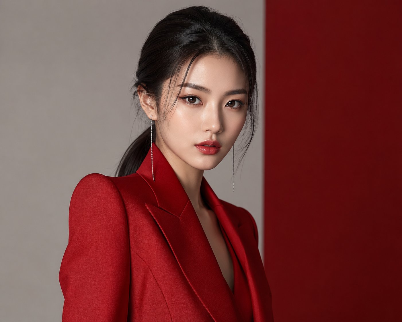 超写实韩式高端时尚杂志红色西装女模人像