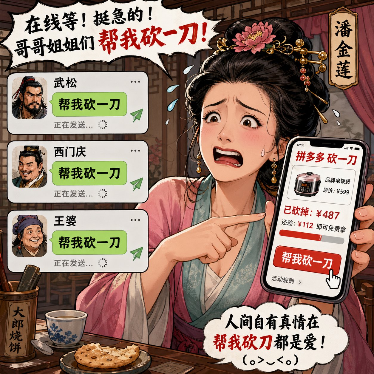 潘金莲群发拼多多砍一刀信息给武松西门庆