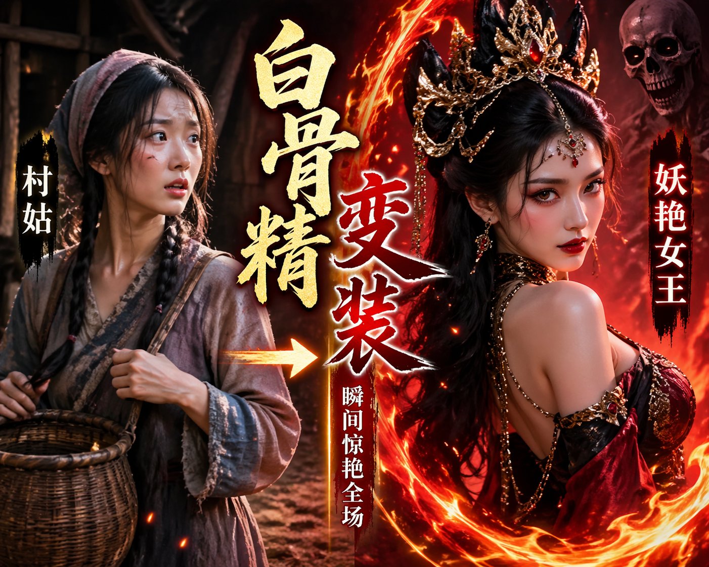 白骨精变装村姑变身妖艳女王火焰特效