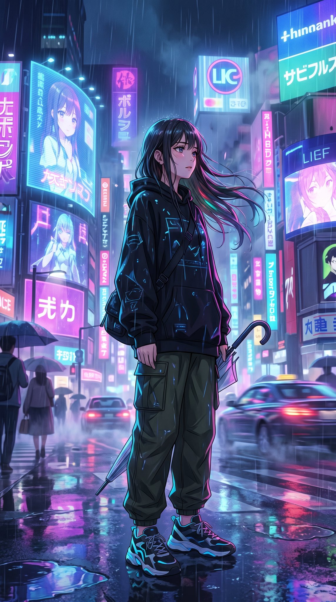 霓虹雨夜街头赛博朋克风少女