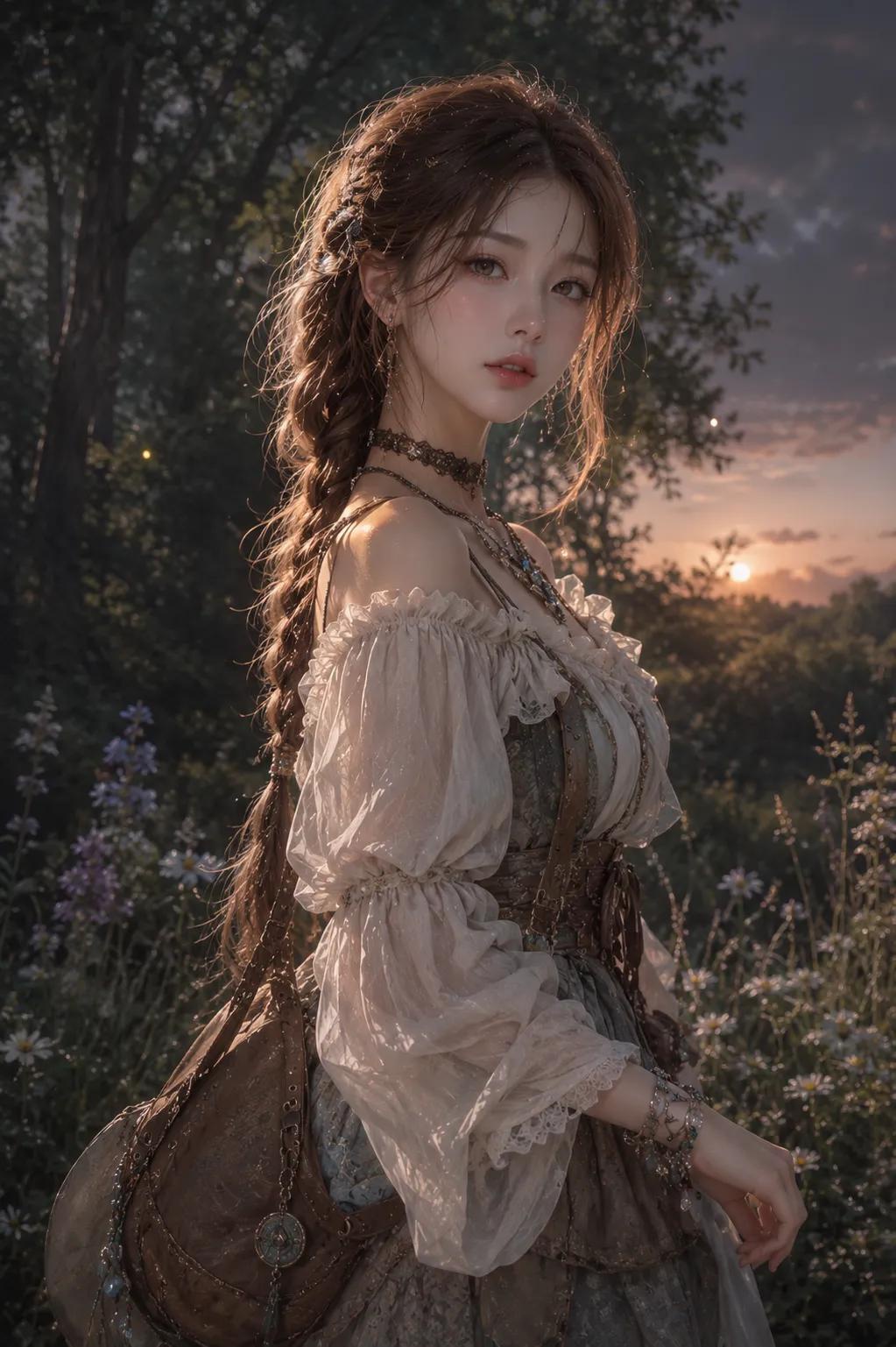 暮色森林中编发的韩国少女