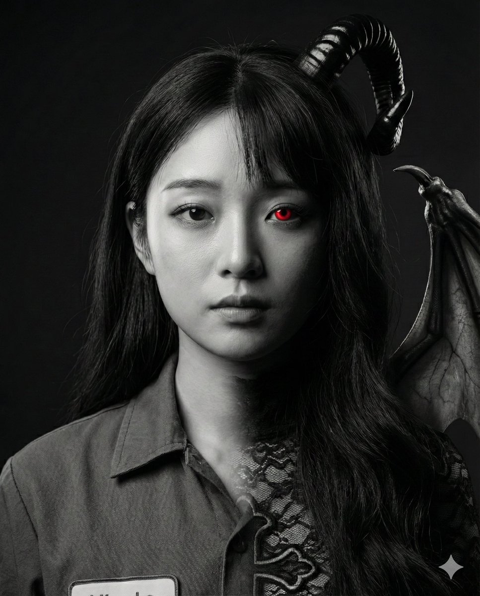 黑白光影下的职场女性与魅魔超现实融合