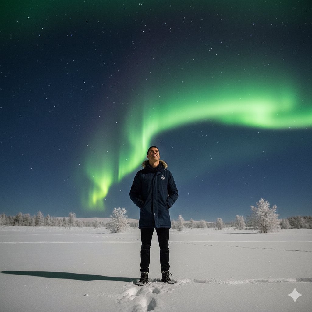 绝美极光下雪地仰望星空的微笑人像