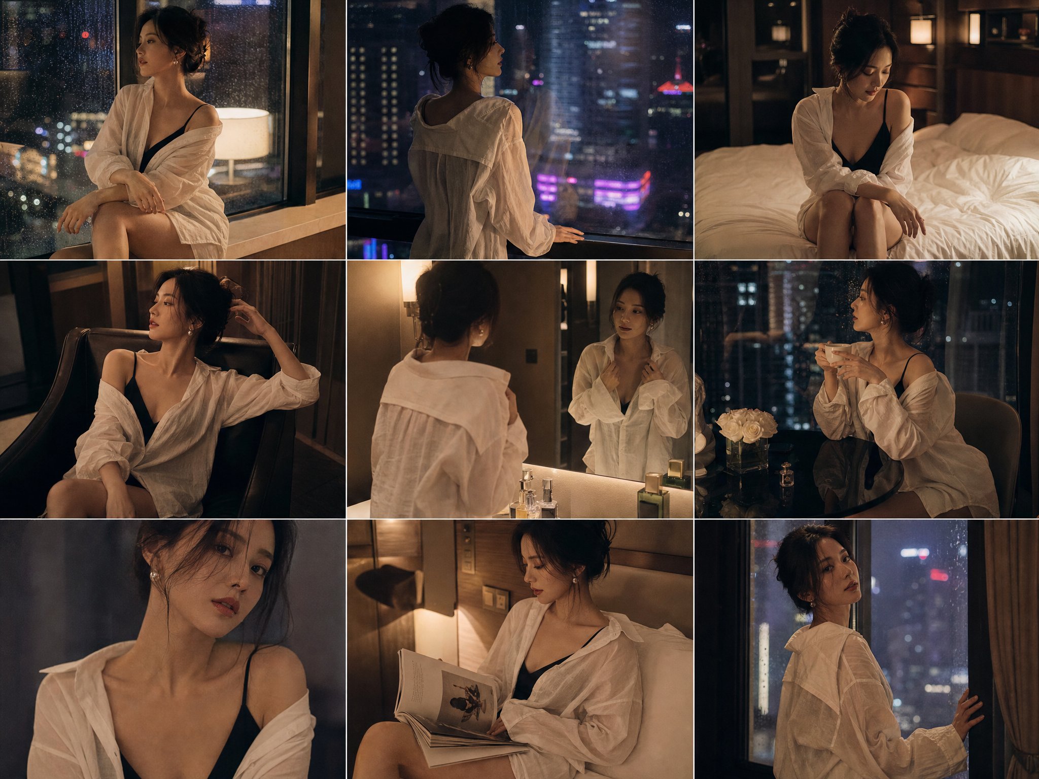 都市夜间电影感白衬衫女性写真