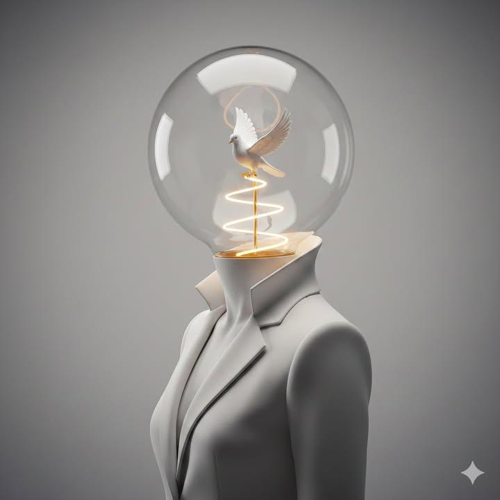 梦幻光影：栖息在灯泡人偶中的灵性白鸟