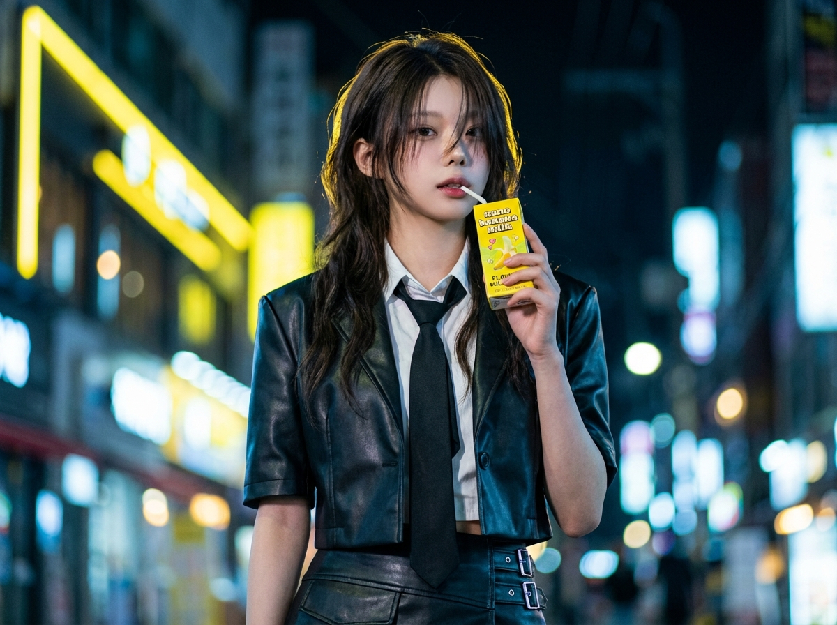 霓虹都市中喝香蕉奶的酷飒Z世代女孩