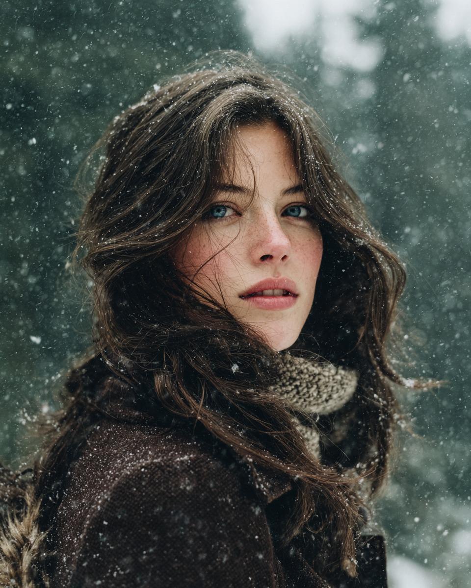 漫天飞雪中回眸的电影感森林少女