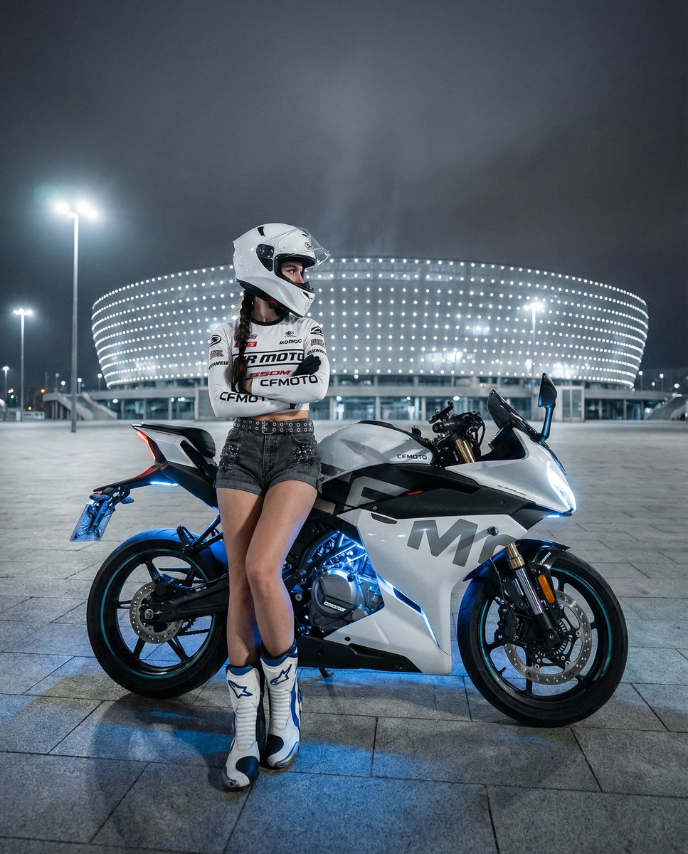 霓虹夜色下的酷飒女骑士与白色超跑摩托