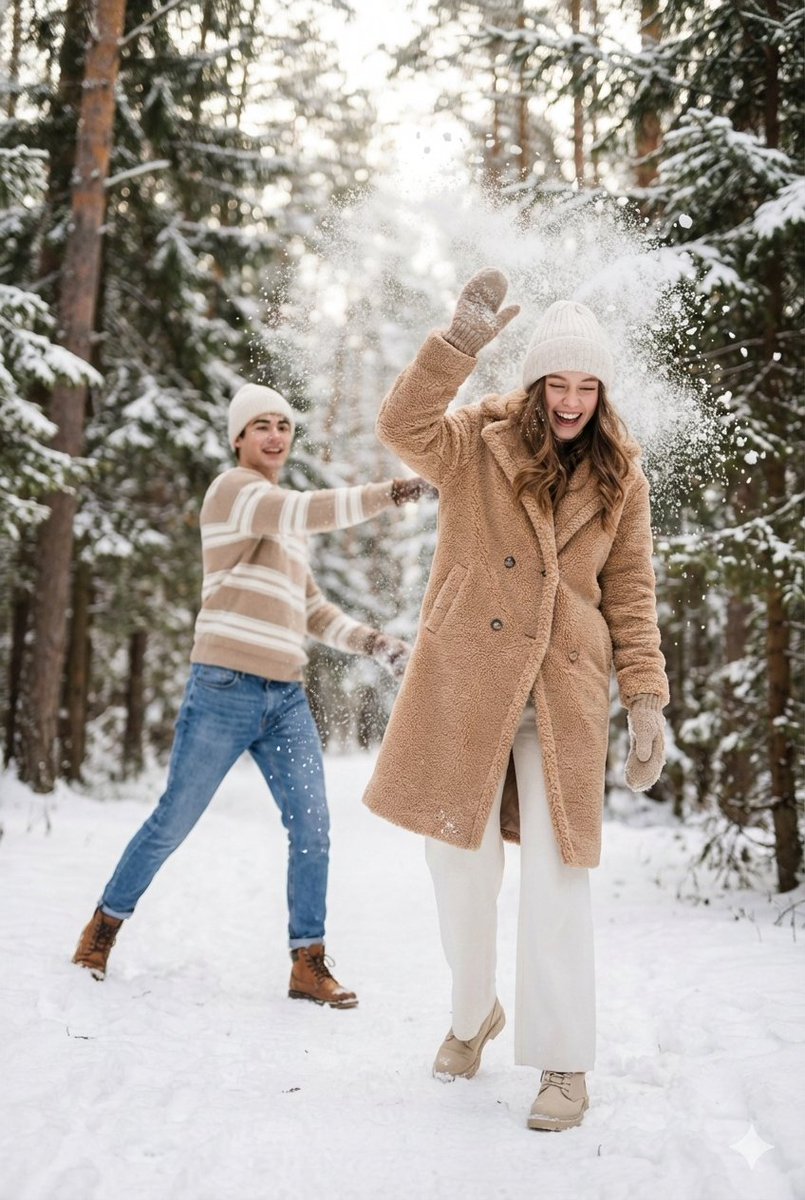 林间雪仗：捕捉情侣嬉戏的冬日电影感瞬间