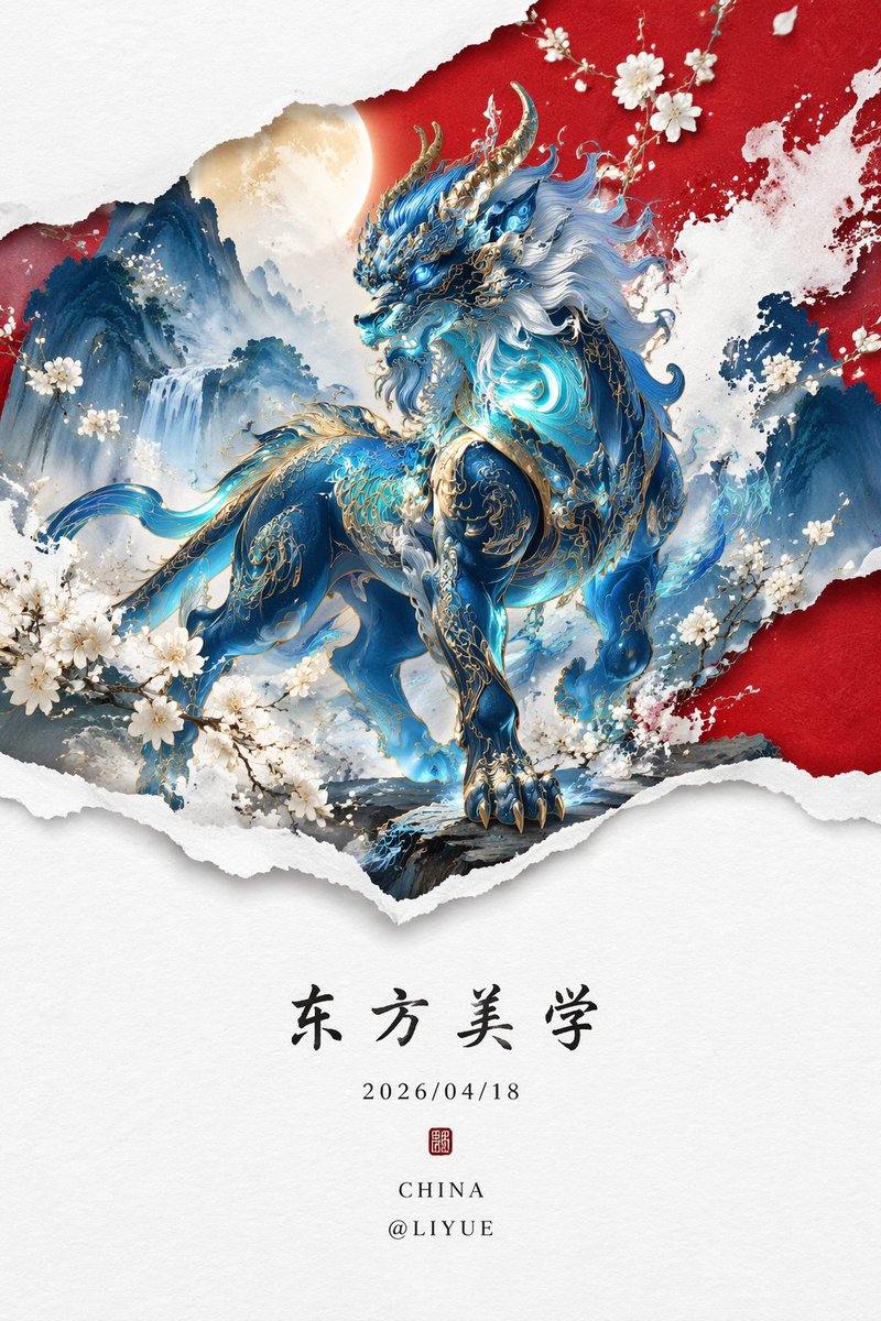GPT Image 2 提示词 荧光蓝穷奇新中式山水画