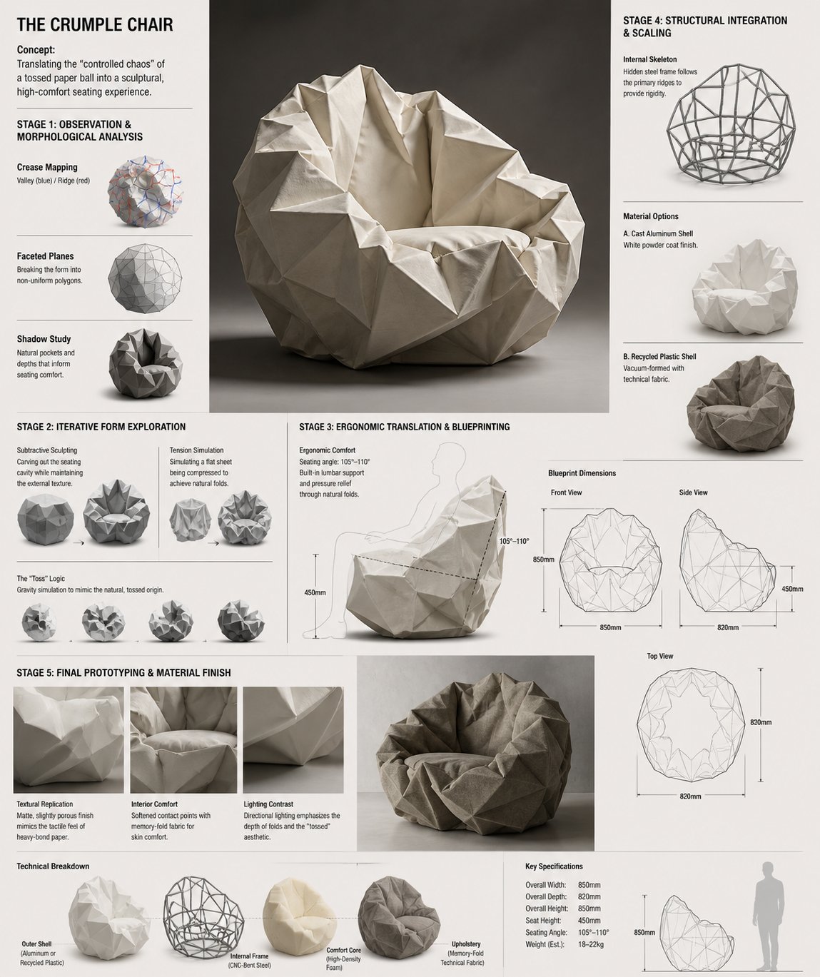 GPT Image 2 提示词 Crumple Chair 概念沙发研发板