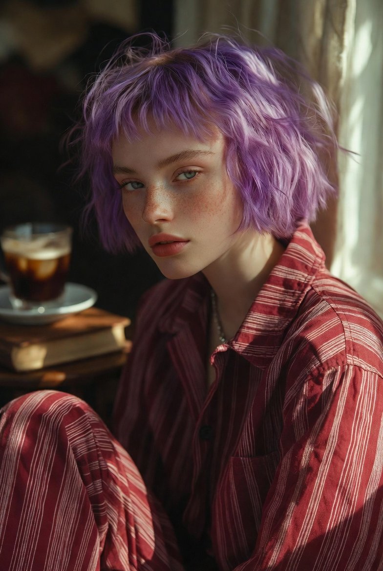 紫发雀斑少女的复古街头慵懒风