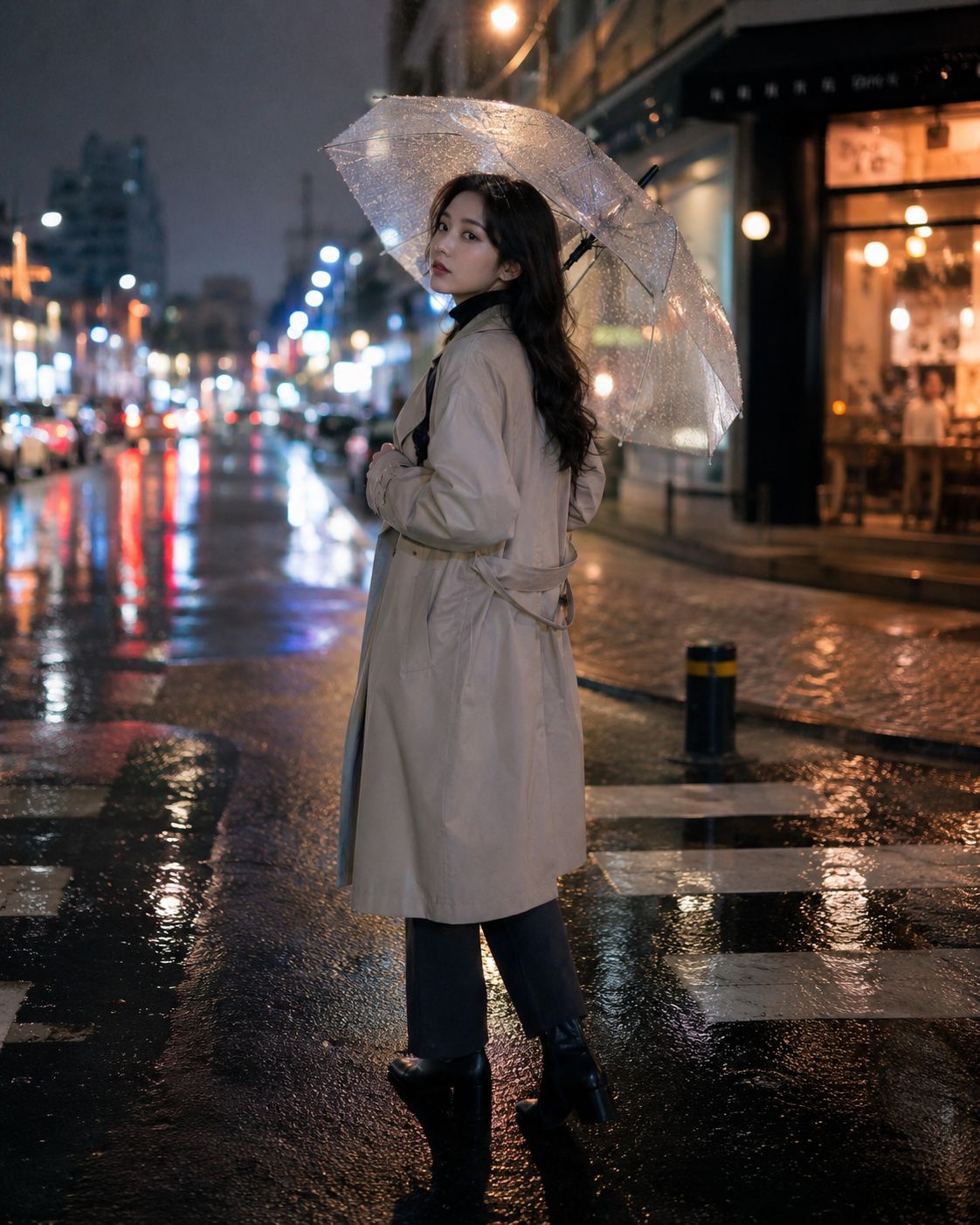 都市雨夜米色風衣少女回眸