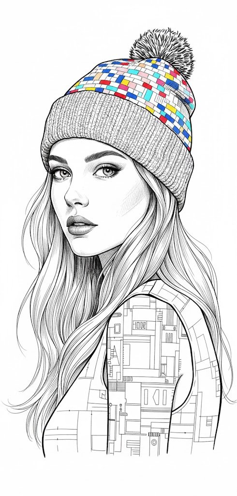 超精细黑白墨水少女插图