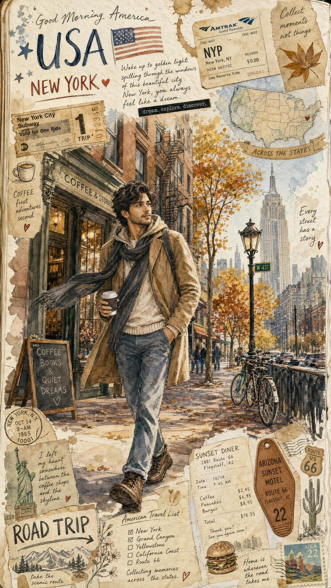 梦幻美国旅行手账手绘插画