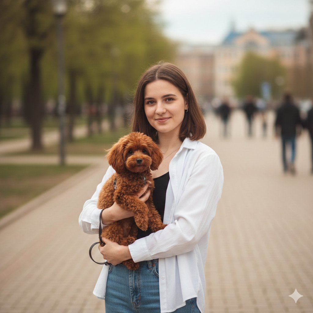 拥抱红褐色贵宾犬的都市清新少女