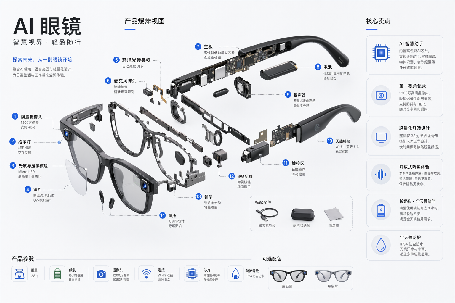 GPT Image 2 提示词 AI 眼镜爆炸拆解图