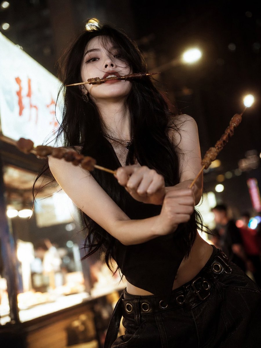 GPT Image 2 提示词 清冷佳人夜市烧烤三刀流