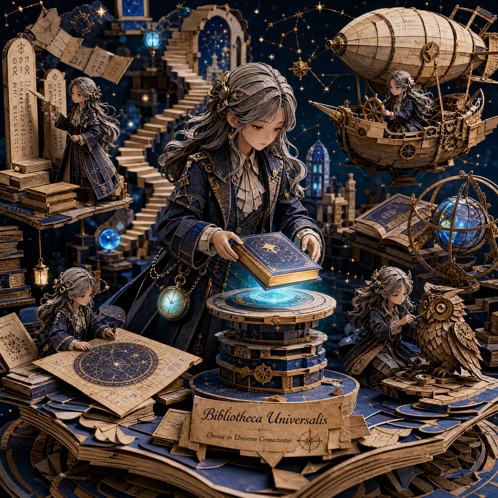 漂浮宇宙图书馆奇幻蒸汽朋克纸雕