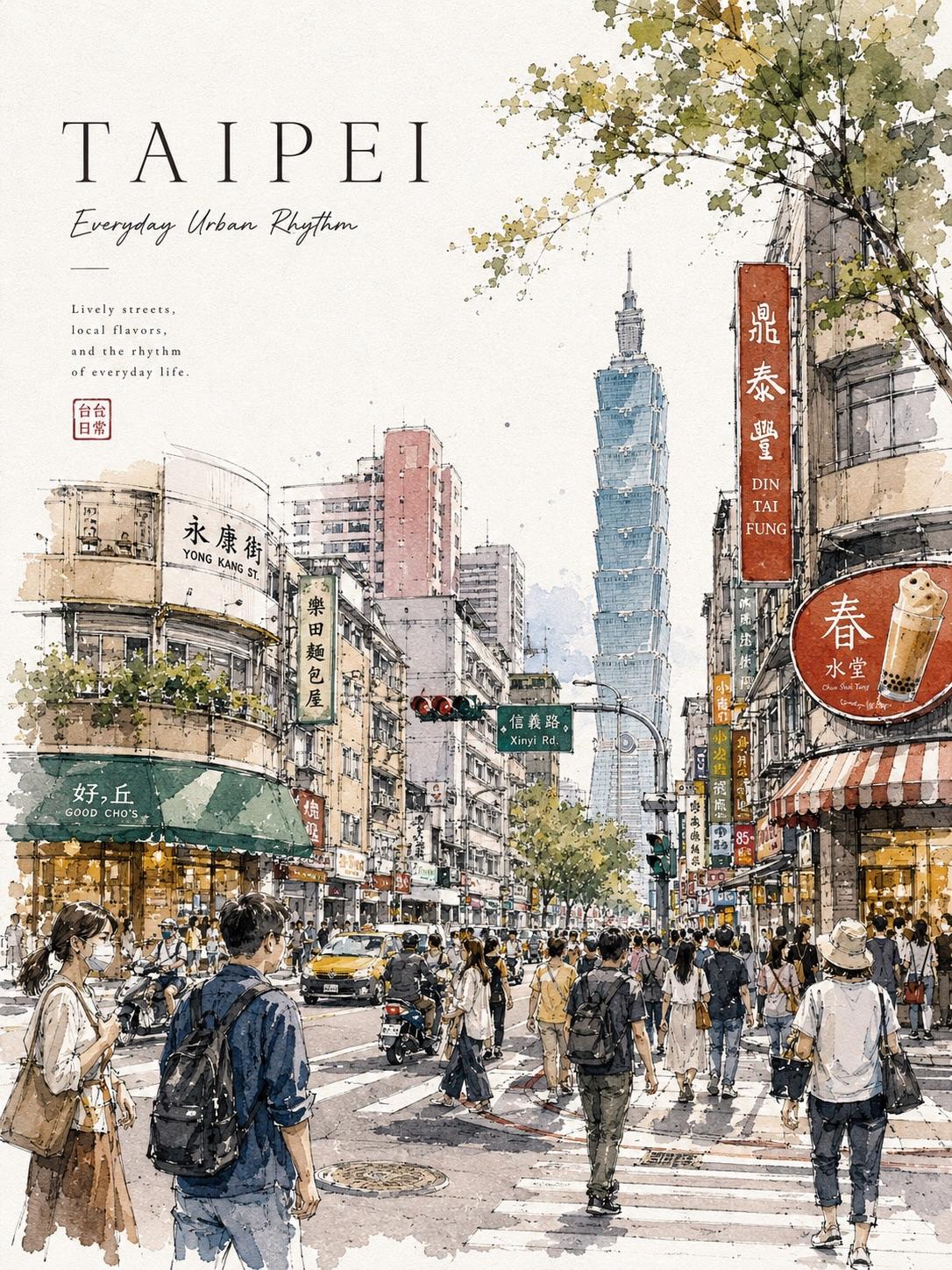 唯美水彩城市街头手绘旅行海报