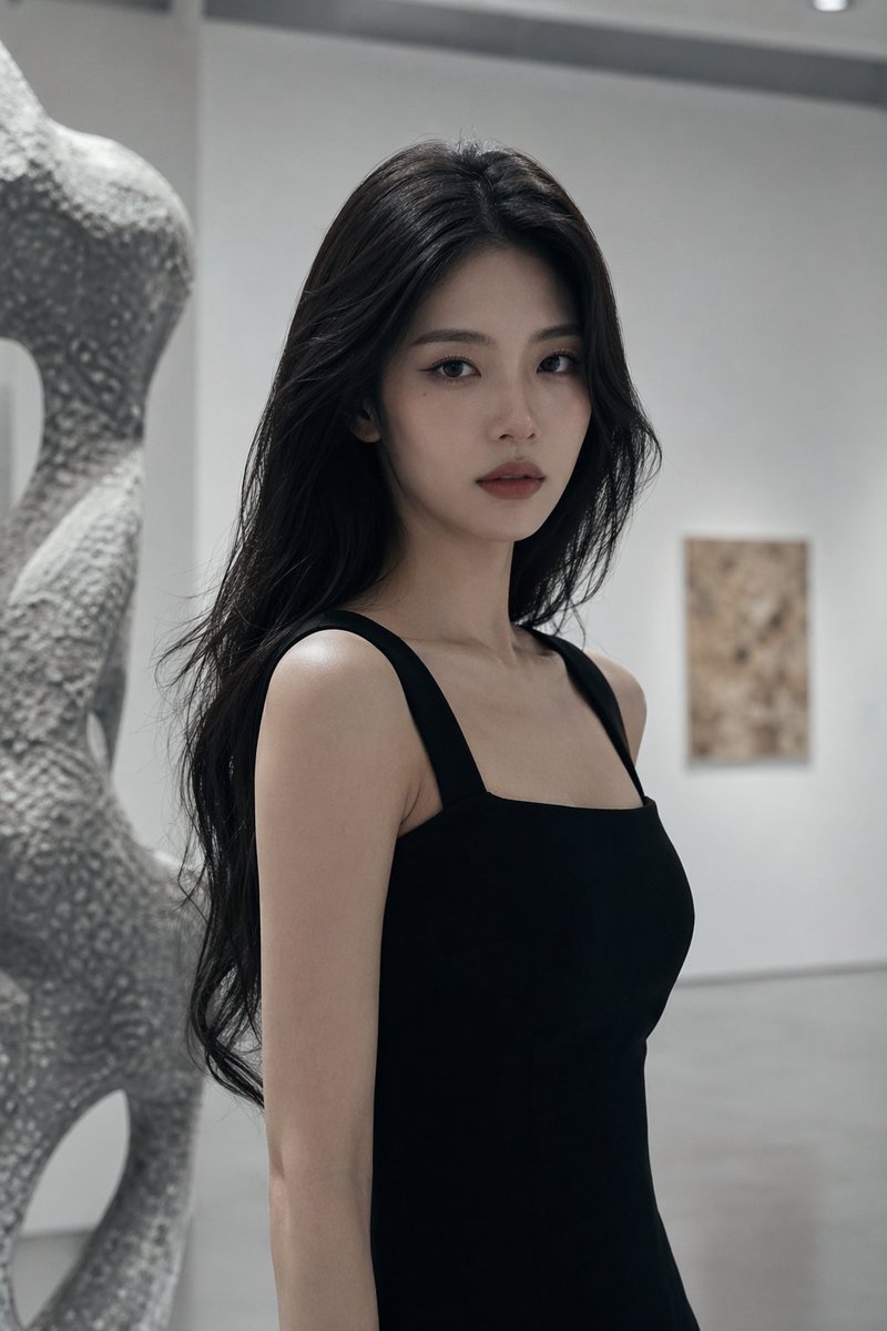 冷艳黑裙女郎凝视艺术展