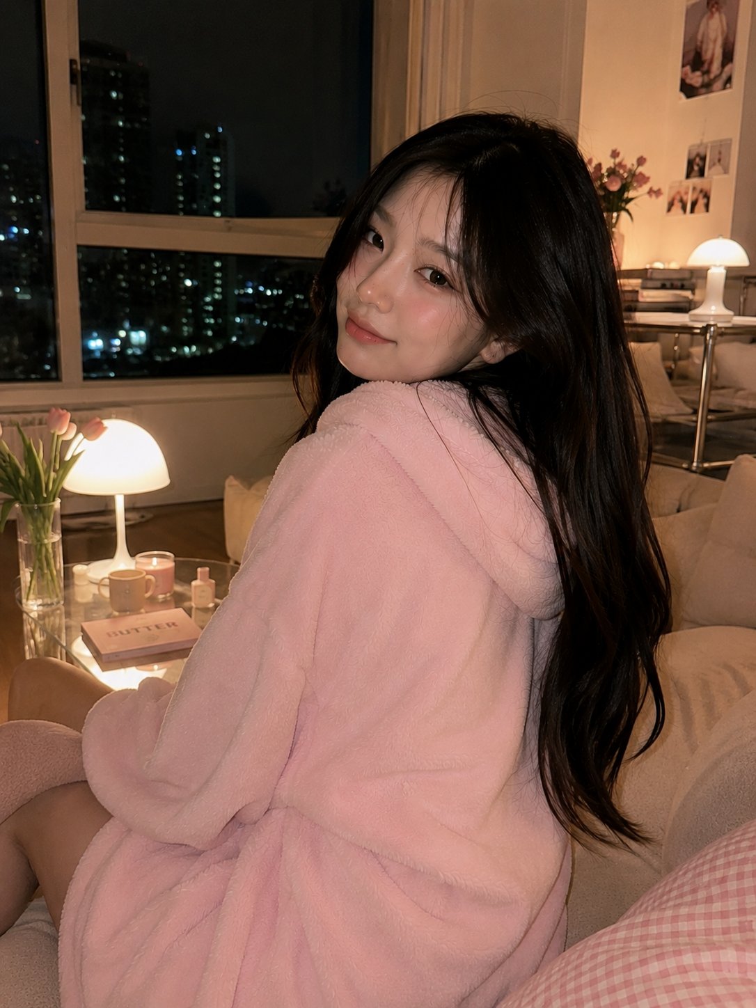 治愈系韩式客厅粉色卫衣少女