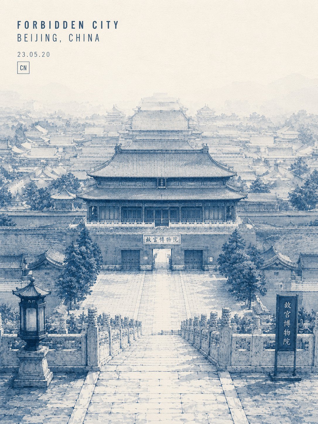 极简靛蓝水墨长城旅行海报插画