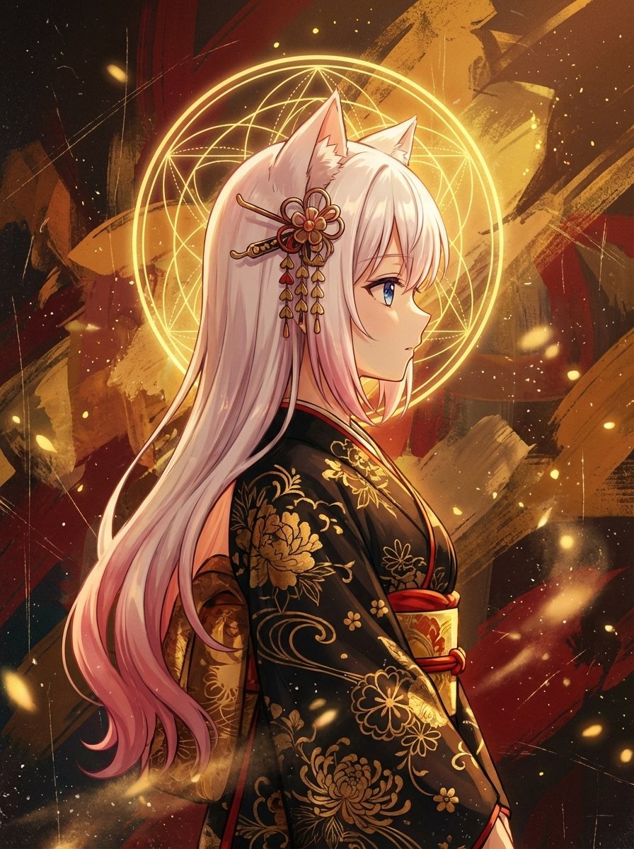 黑金和服猫耳少女的神圣光环侧影