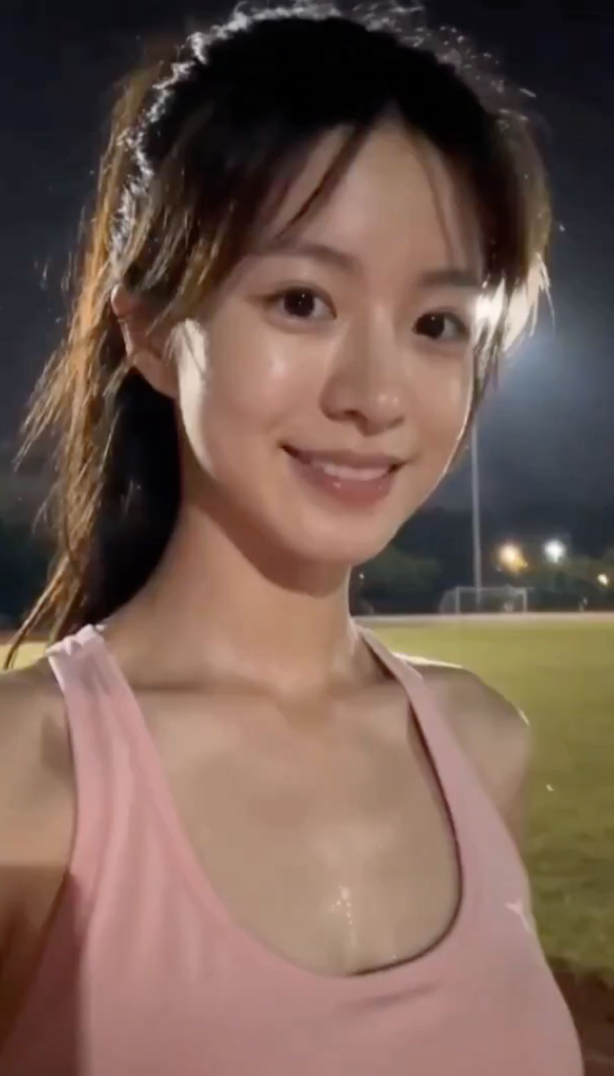 夜幕操场粉衣少女清新运动自拍