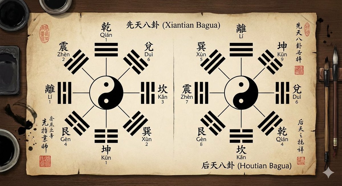 泛黄古籍风先天与后天八卦精准复刻