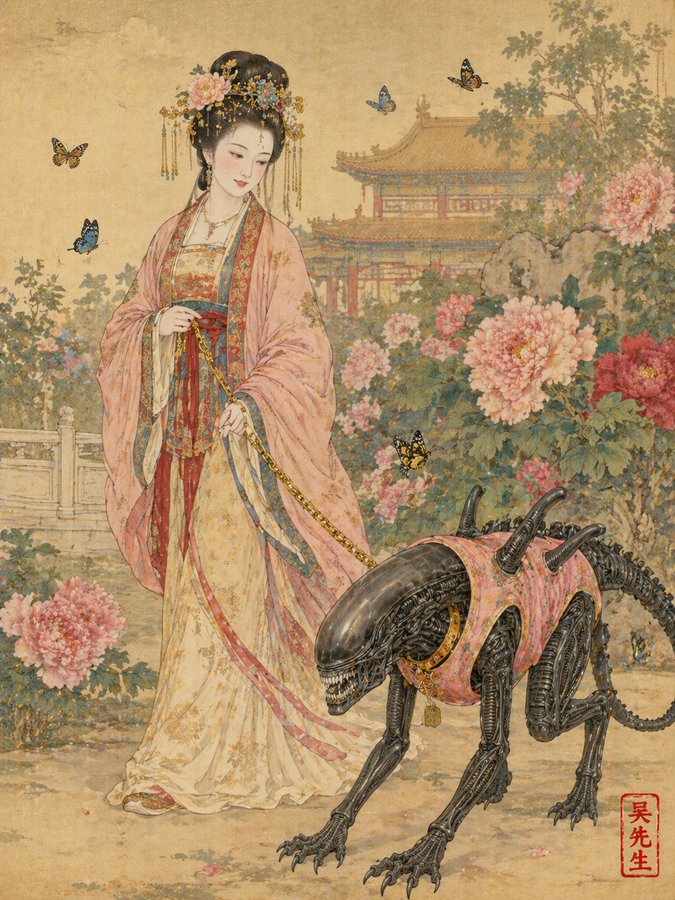 GPT Image 2 提示词 唐朝贵妇遛粉色马甲异形工笔画