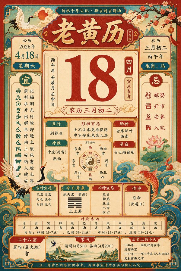 GPT Image 2 提示词 复古传统老黄历二零二六年四月十八