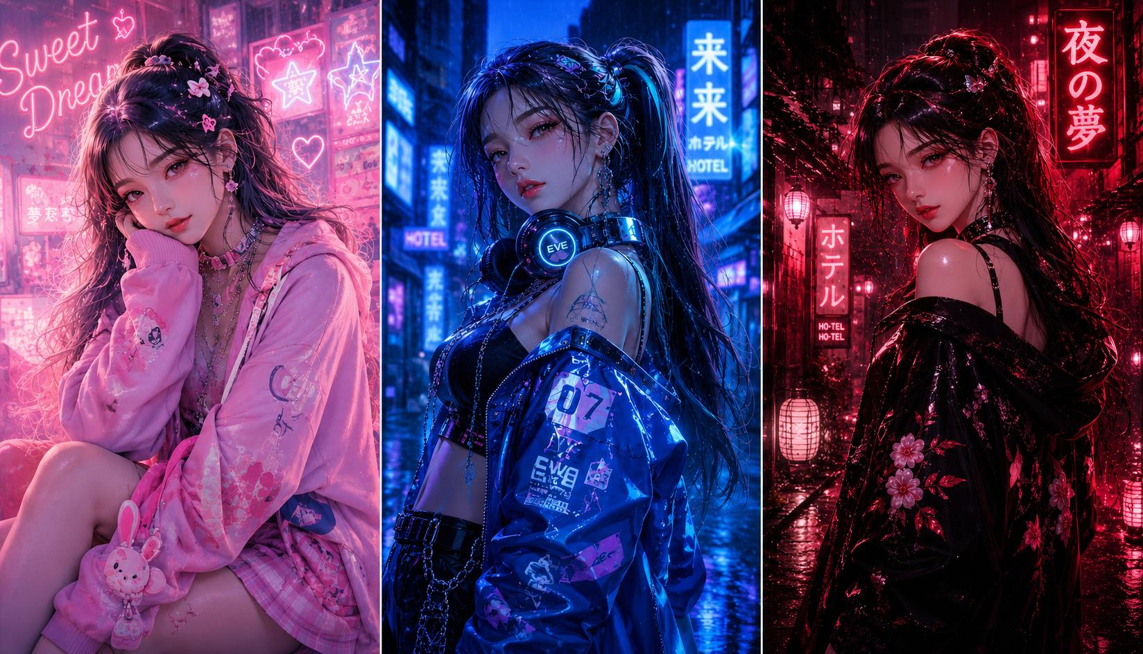 三联屏霓虹Kpop时尚动漫少女