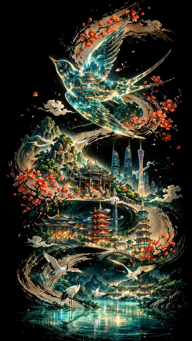 GPT Image 2 提示词 琉璃透明画眉鸟飞舞羊城墨卷
