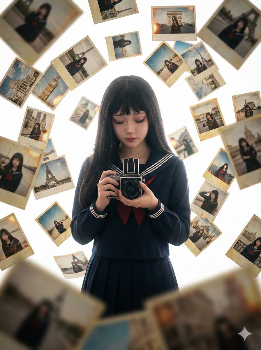 零重力下的自拍梦境：被漂浮照片包围的胶片少女