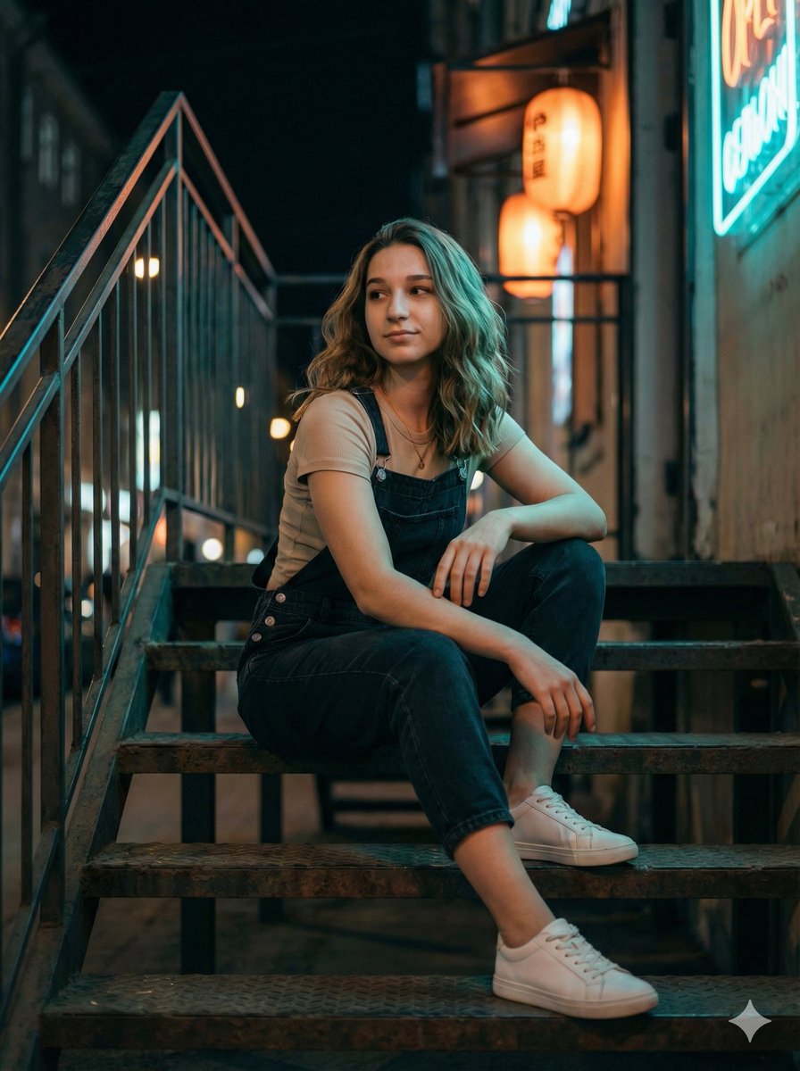 霓虹夜色下楼梯间的街头风女孩人像