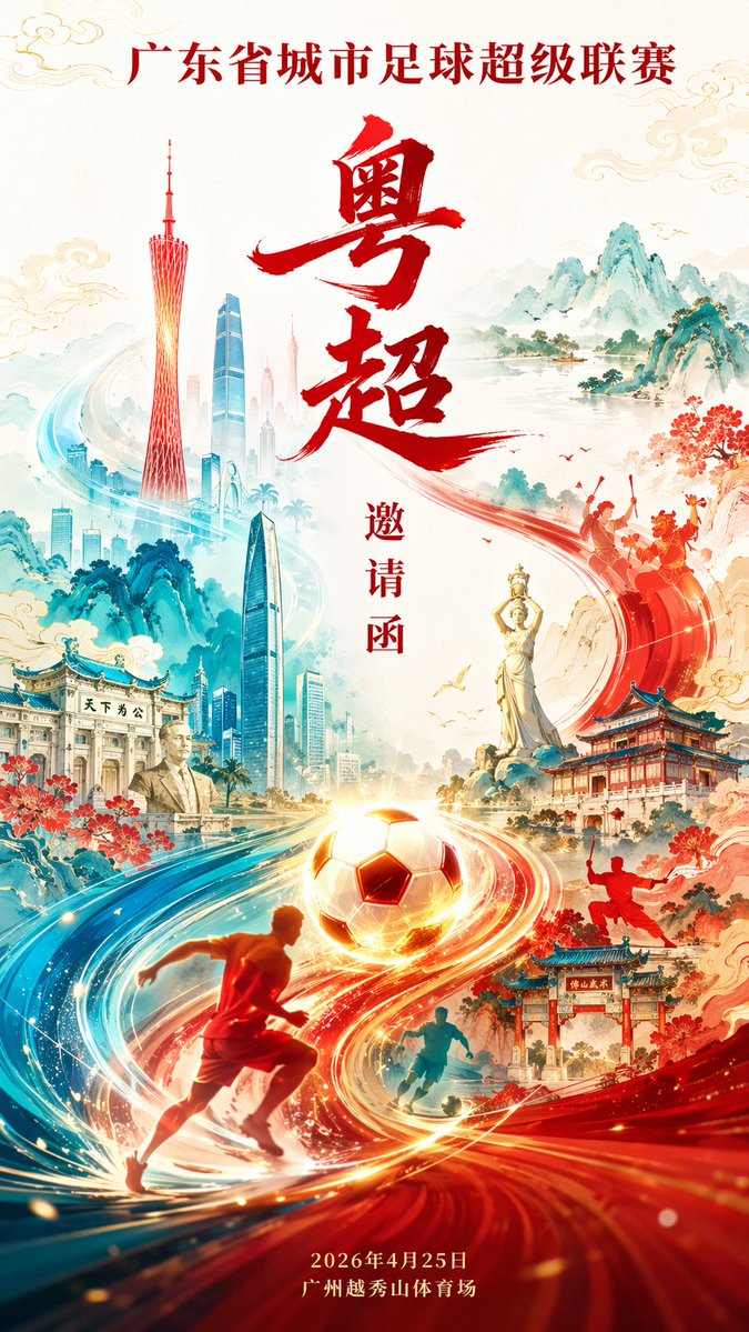 GPT Image 2 提示词 粤超联赛国潮风邀请函海报
